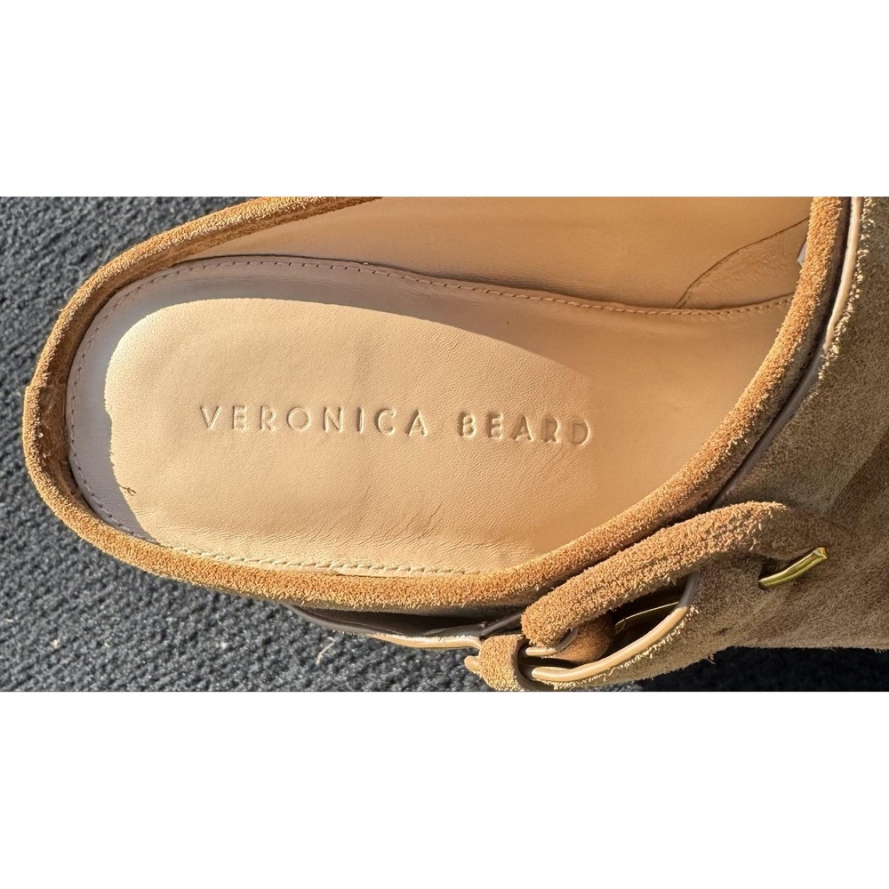 Veronica Beard Dacey Suede Wooden Clog Mule Camel Brown Studded Buckle Heel 8.5M - Picture 11 of 13
